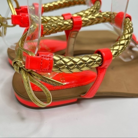 NEW Isolá Bright Neon Coral Cleopatra Gold Braided Tie Back Thong Sandals - Picture 9 of 14